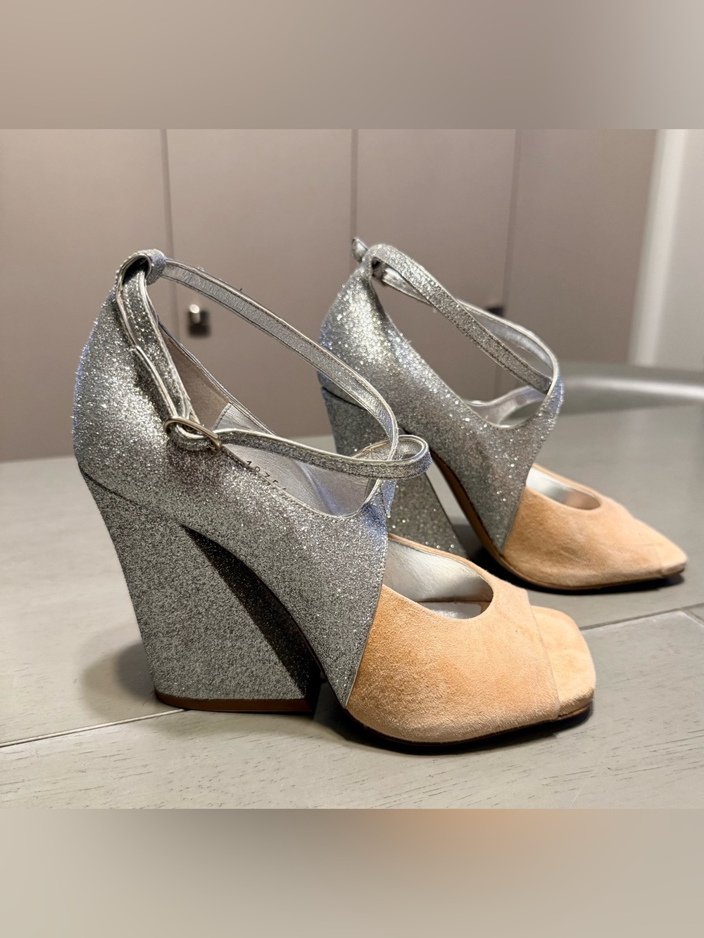 Dries Van Noten Silver Glitter+Fawn Suede Wedge Shoes w/front criss-cross buckle